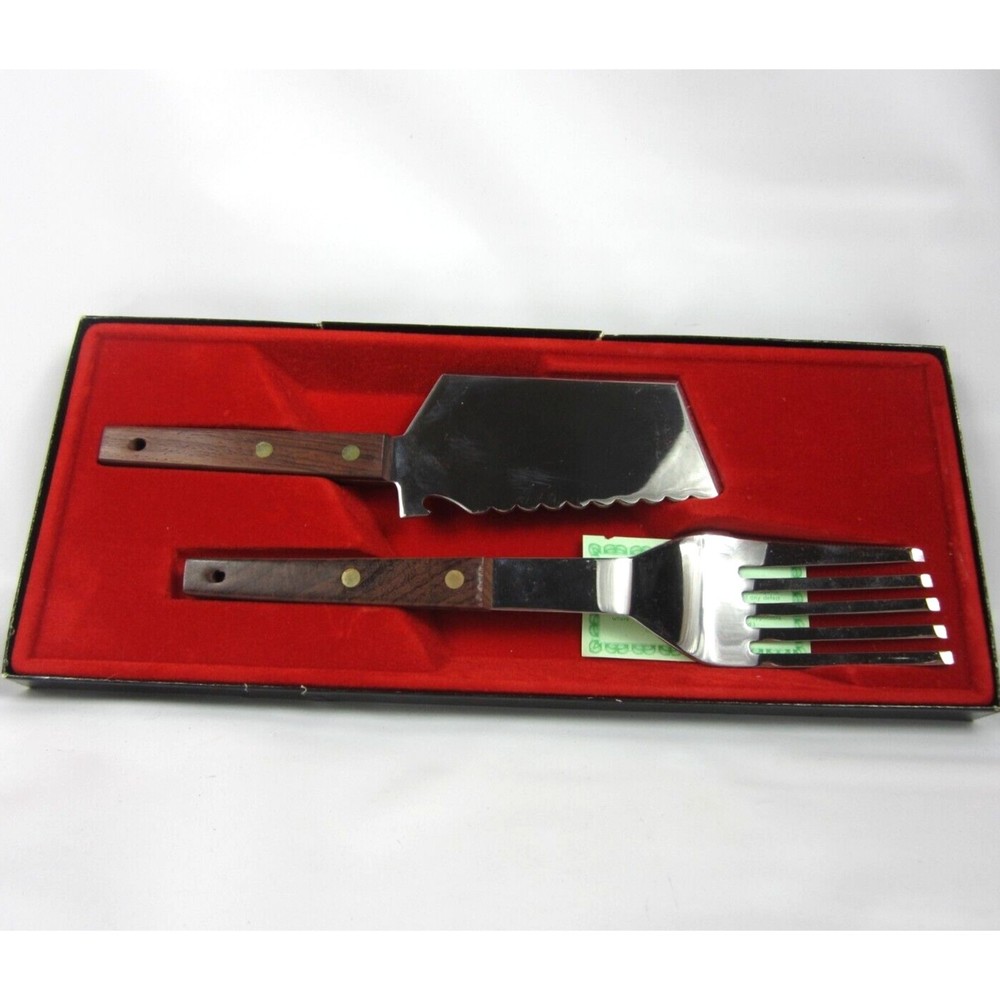 Vintage 1960's Vernco Stainless Cutlery Serving Set Wood Handles MCM with Box